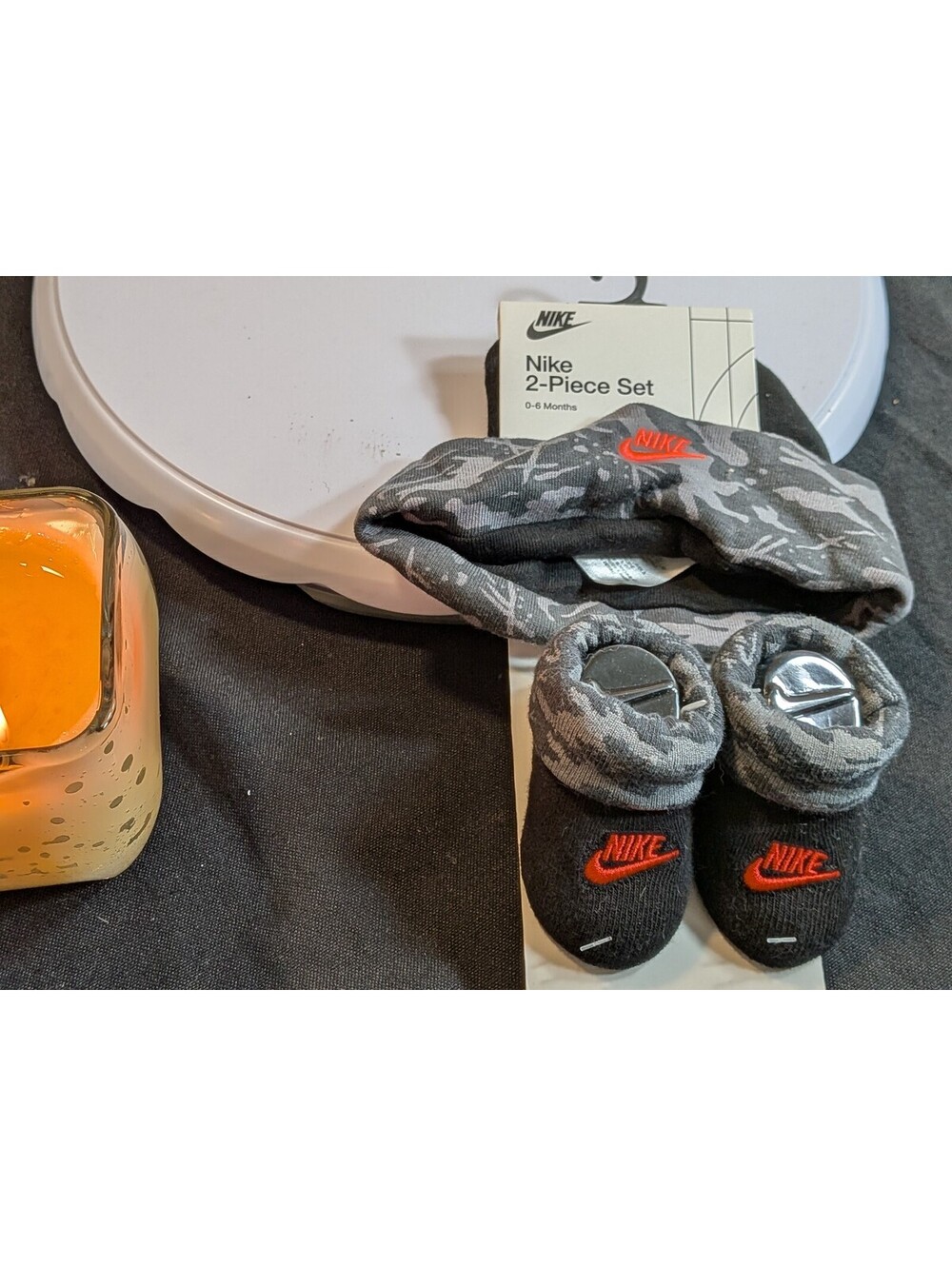 Nike Baby 2 Piece Set 0-6 Months Hat and Booties Camo Gray Black